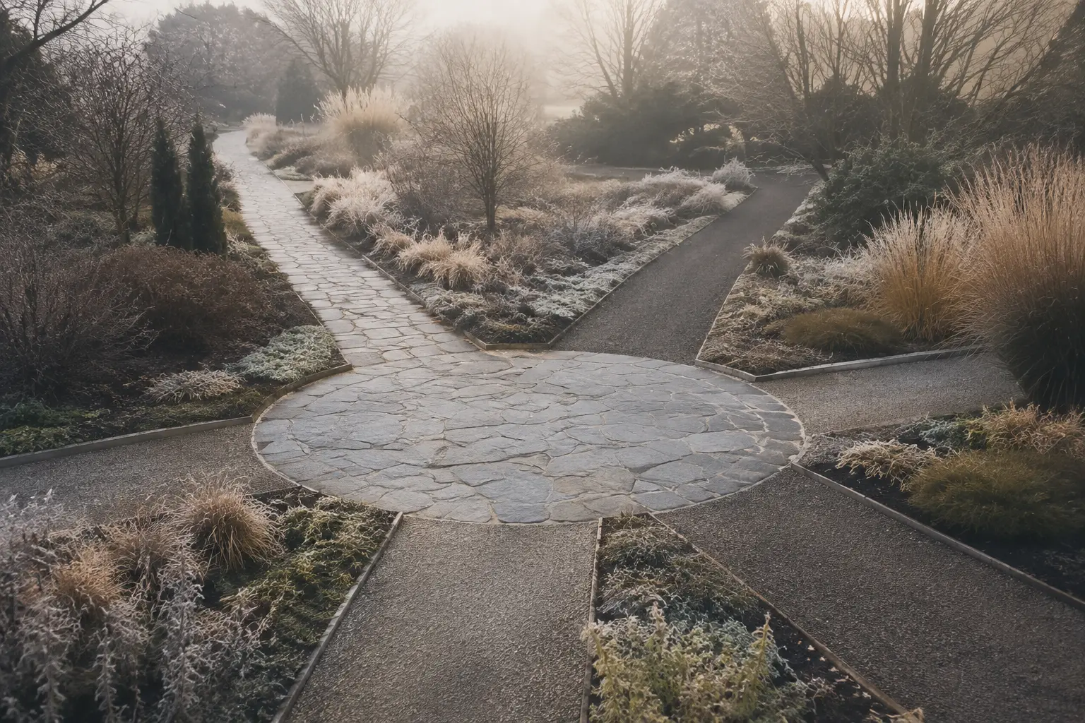 Several quiet paths branching through a winter garden