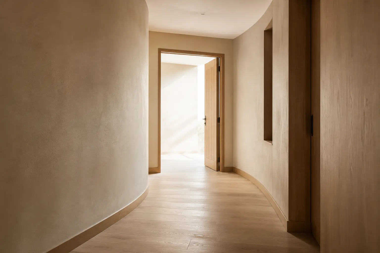 A softly lit curved hallway opening onto a bright threshold