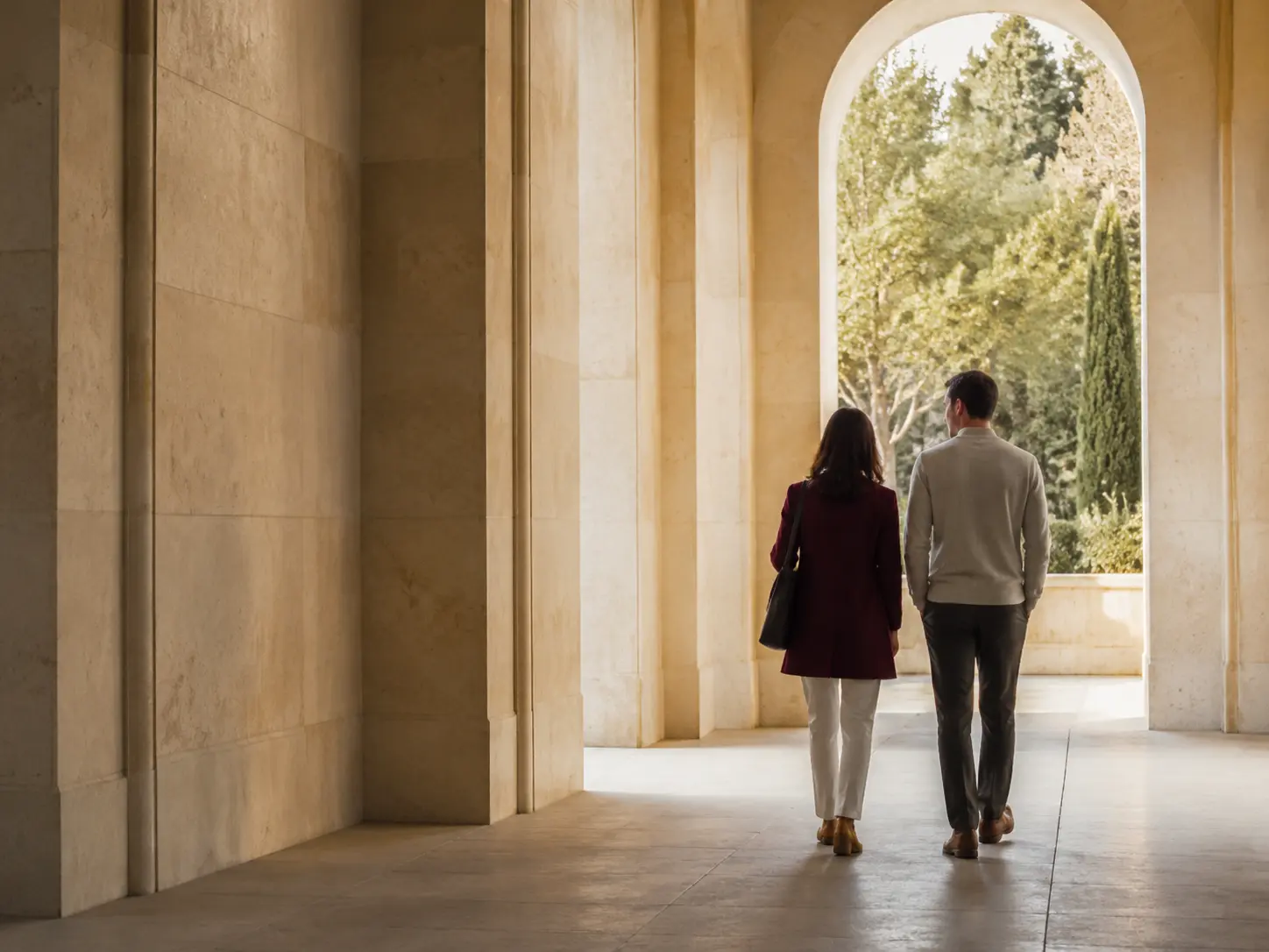 Two adults walking through a warm stone passage toward a bright garden